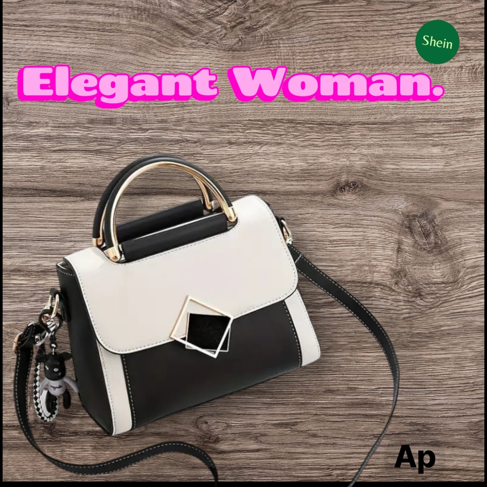 SHEIN Black and White Satchel with Geometric Hardware